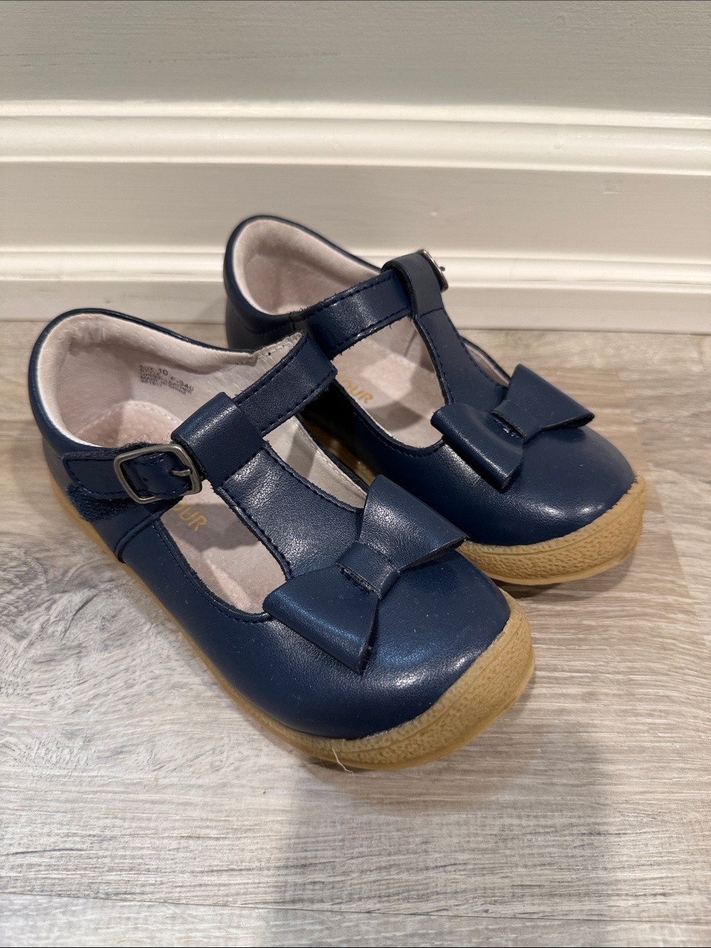 L'Amour Navy T-Strap Bow Dress Shoes for Kids